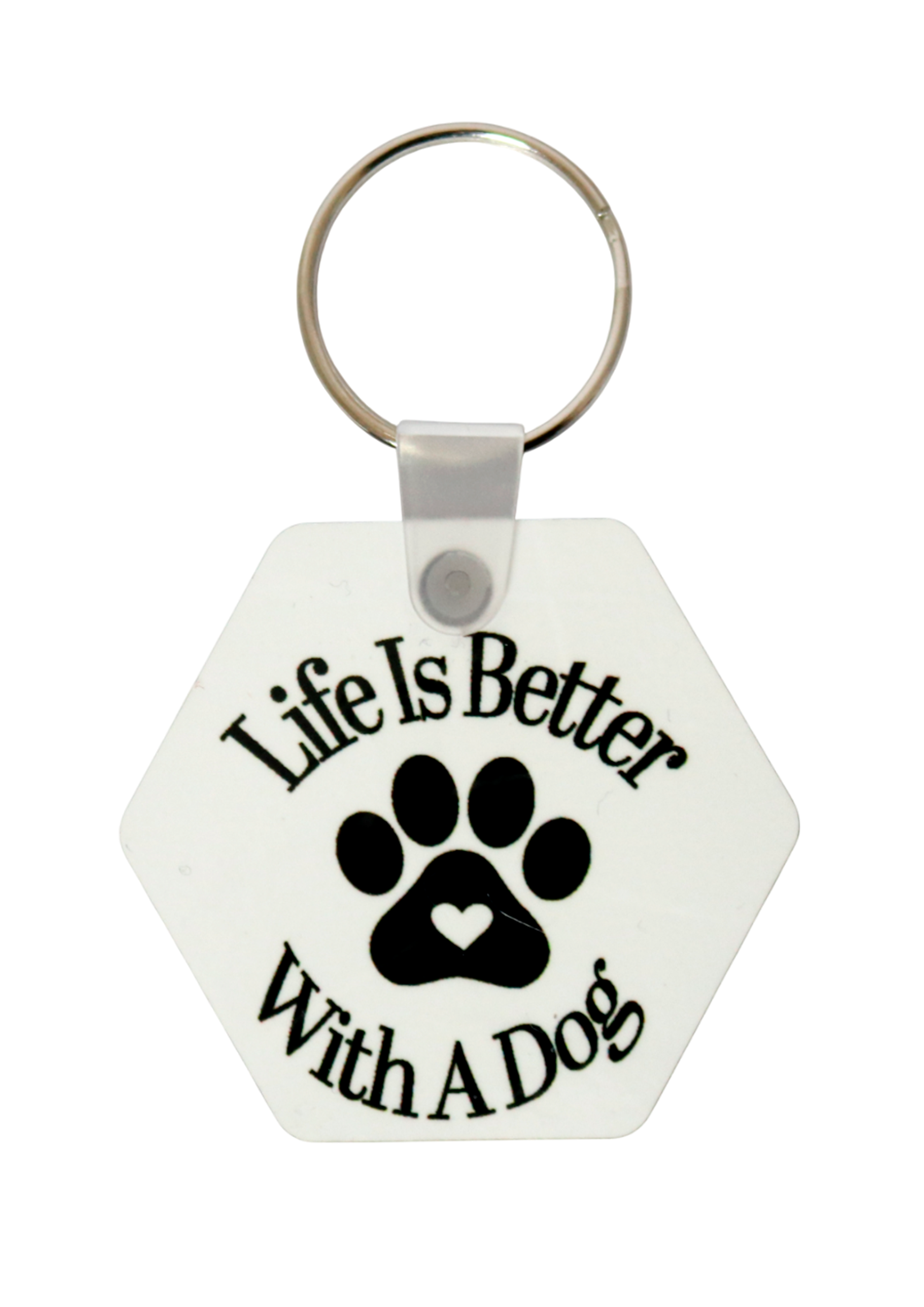 life is better with a dog back printed keyring hexagon