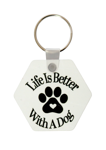 life is better with a dog back printed keyring hexagon